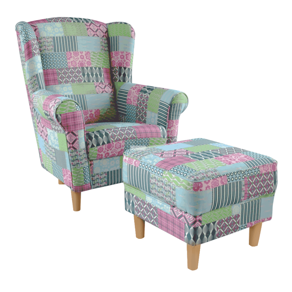 Kreslo ušiak s taburetom, látka patchwork M1, ASTRID